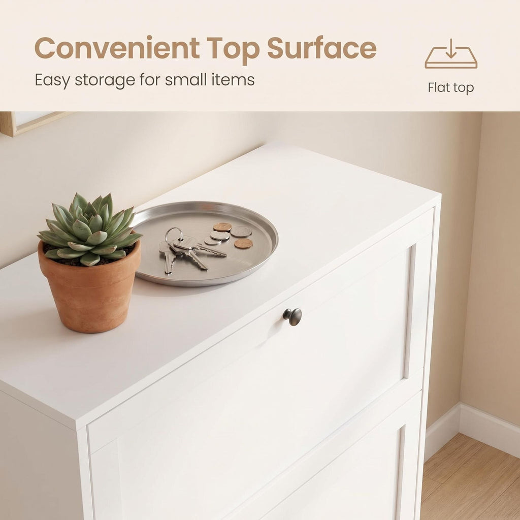 AEELLEEA Slim Shoe Cabinet with 2 Flip Drawers, Anti-Tip Narrow Shoe Storage Organizer, White, 31.5"