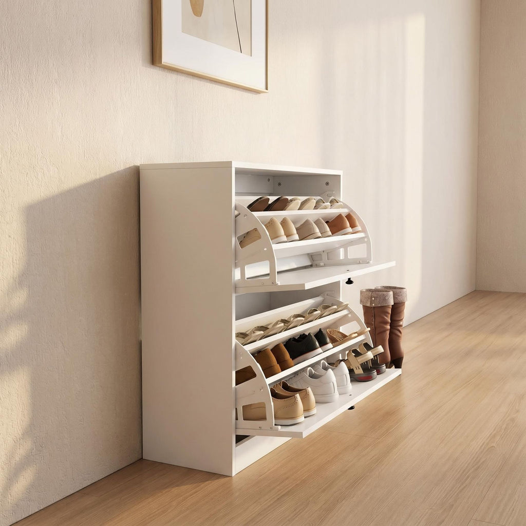 AEELLEEA Slim Shoe Cabinet with 2 Flip Drawers, Anti-Tip Narrow Shoe Storage Organizer, White, 31.5"