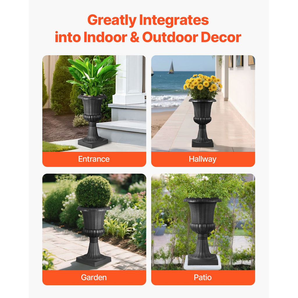 16.5" Black Urn Planters, 2-Pack, Indoor Outdoor Christmas Porch Planters