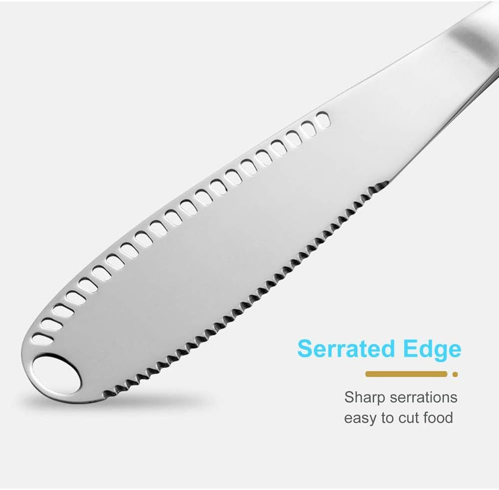 3-in-1 Stainless Steel Butter Spreader Knife with Serrated Edge and Grater Holes, Silver