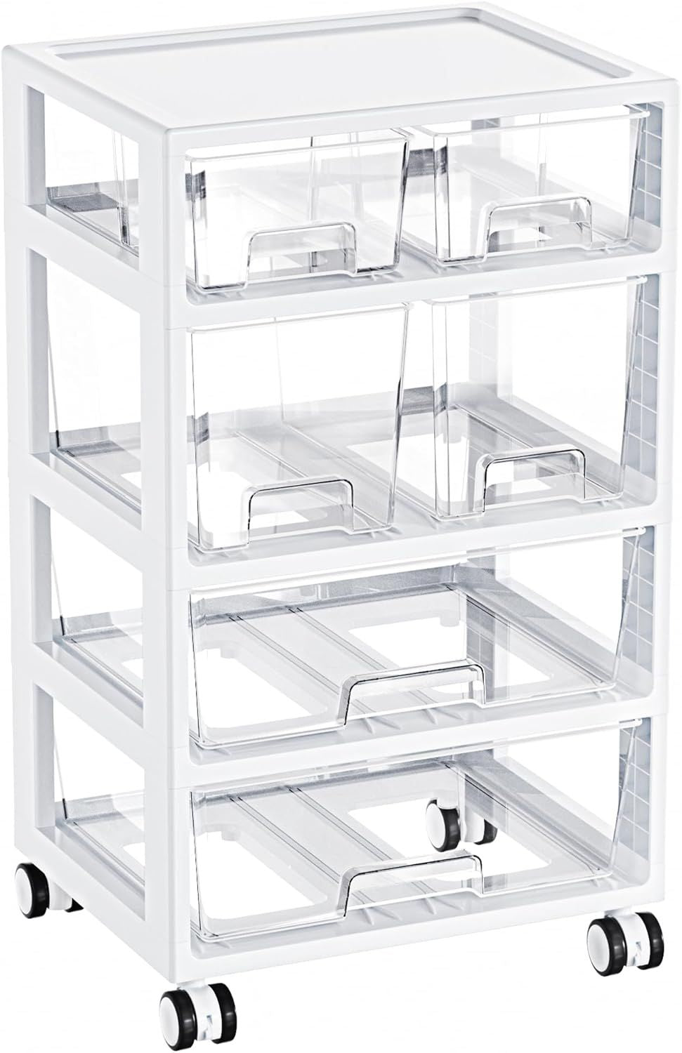 AEELLEEA 4-Tier 6-Drawer Rolling Storage Cart, Clear Plastic Organizer with Wheels & Removable Dividers, White