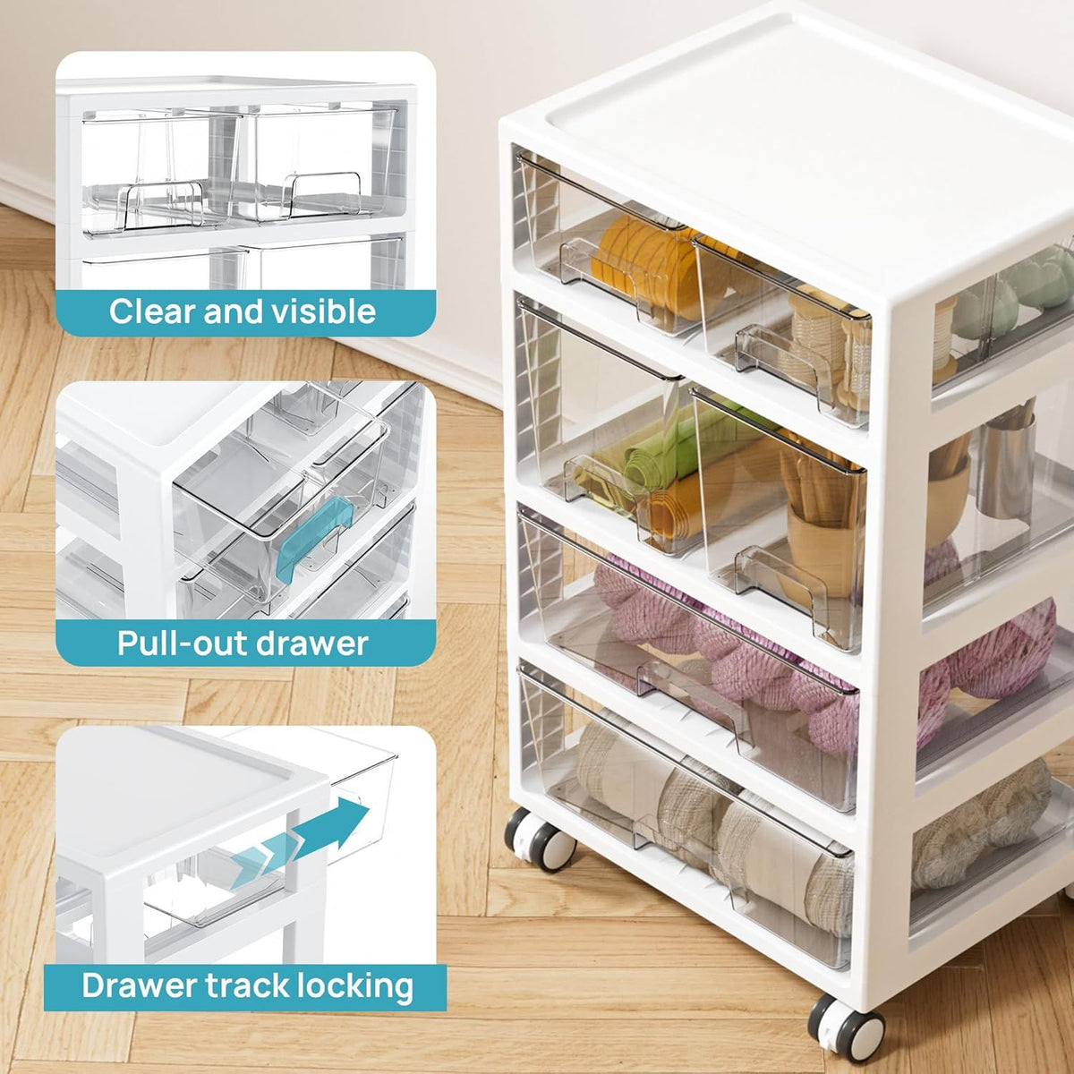 AEELLEEA 4-Tier 6-Drawer Rolling Storage Cart, Clear Plastic Organizer with Wheels & Removable Dividers, White