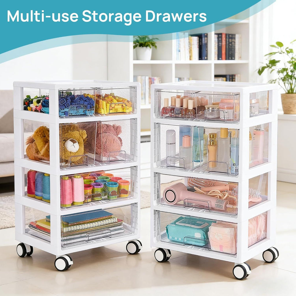 AEELLEEA 4-Tier 6-Drawer Rolling Storage Cart, Clear Plastic Organizer with Wheels & Removable Dividers, White