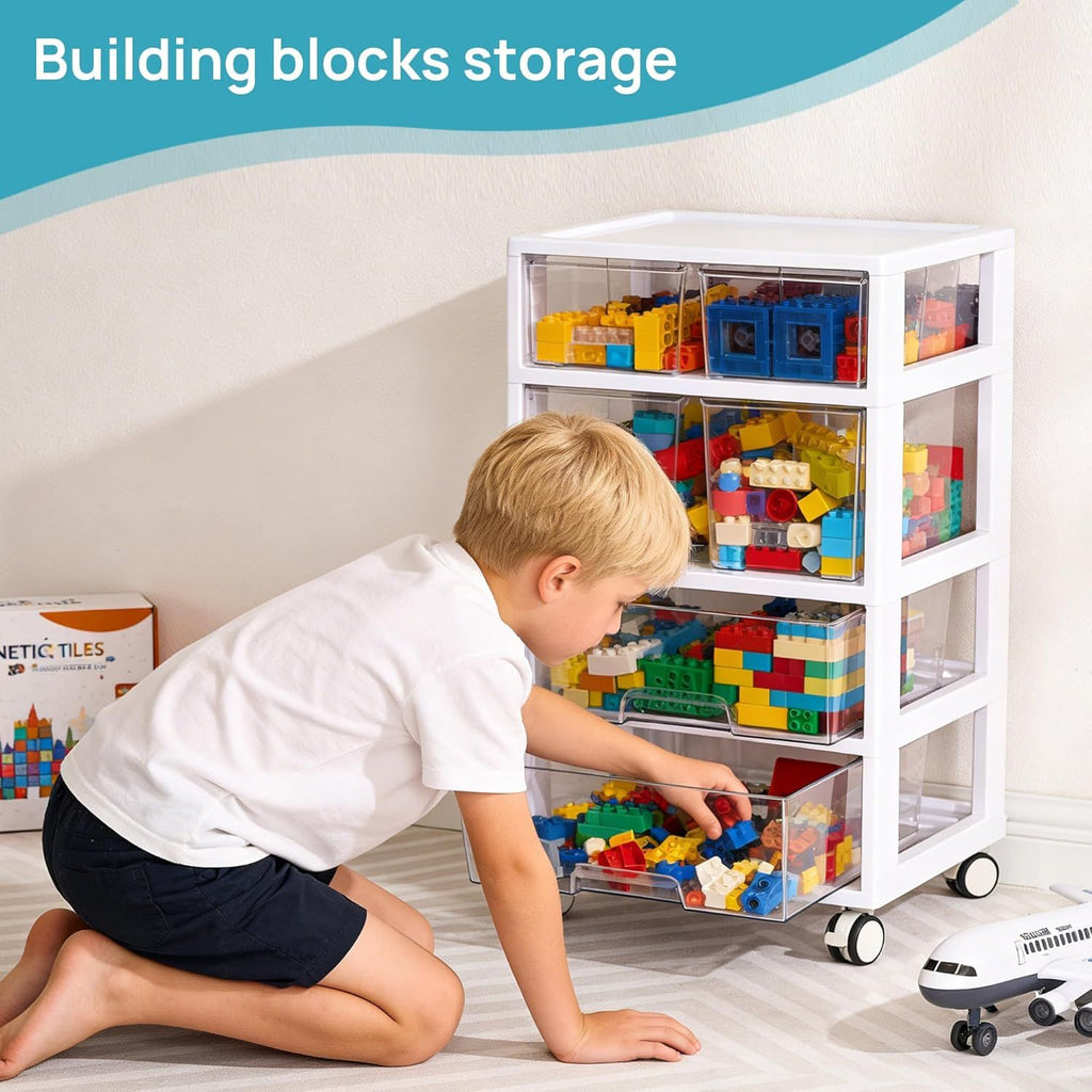 AEELLEEA 4-Tier 6-Drawer Rolling Storage Cart, Clear Plastic Organizer with Wheels & Removable Dividers, White