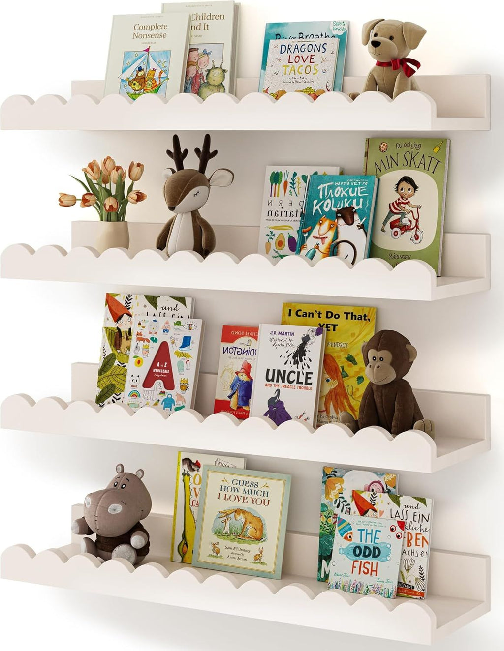 Kids Floating Bookshelves Set of 4, White Wooden Wall Mounted Book Shelves with Scalloped Edge for Nursery and Playroom