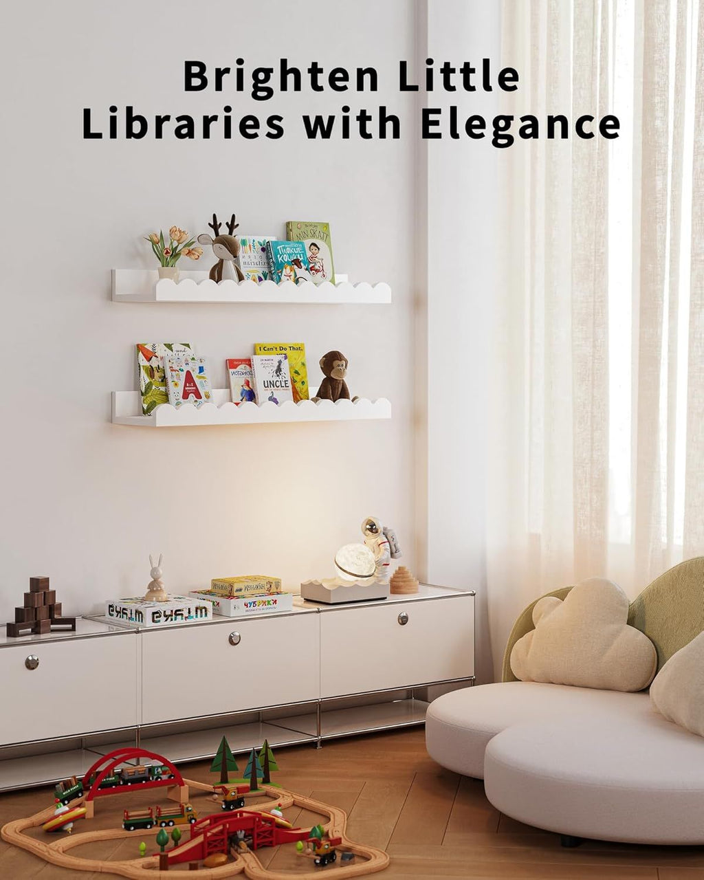 Kids Floating Bookshelves Set of 4, White Wooden Wall Mounted Book Shelves with Scalloped Edge for Nursery and Playroom