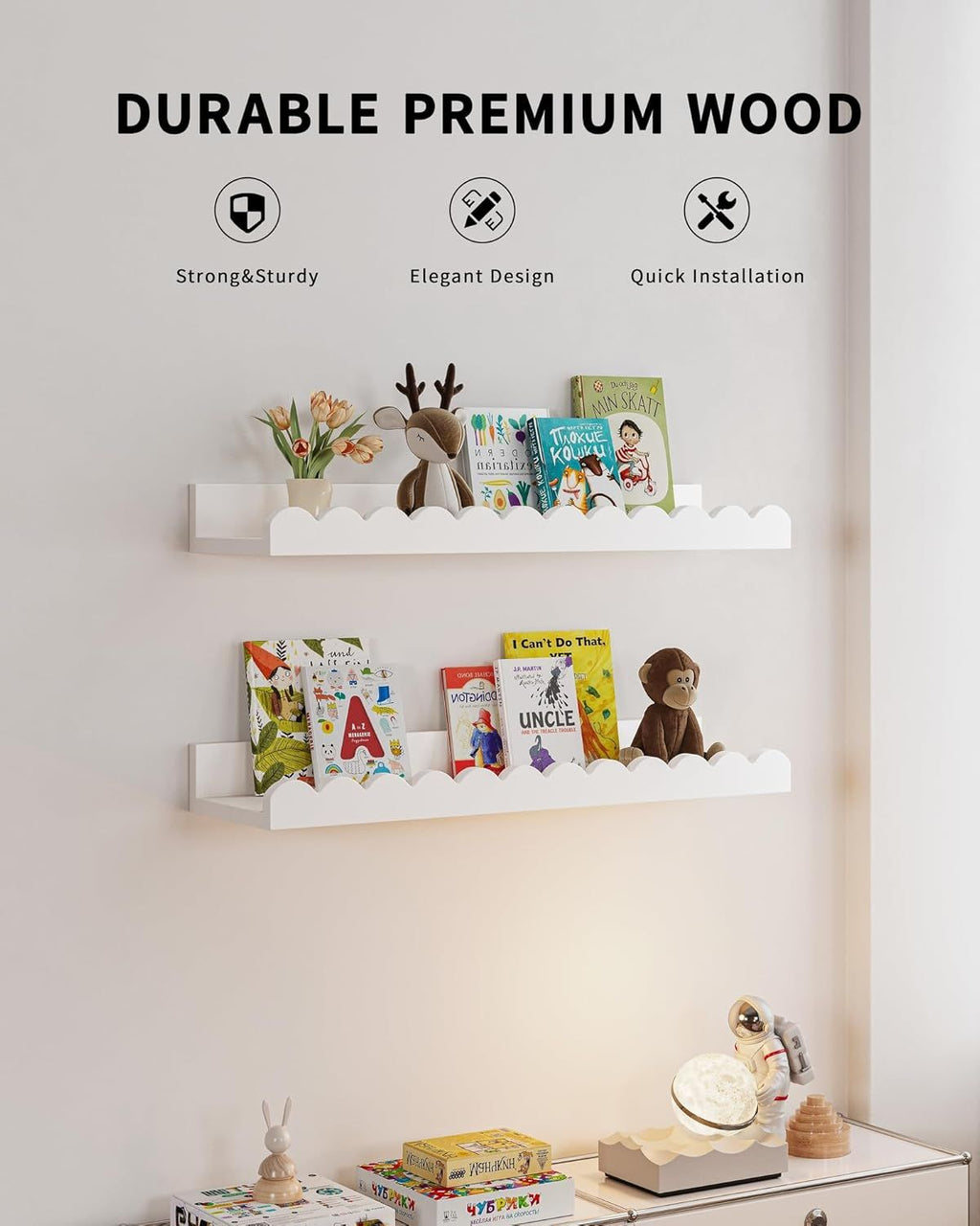 Kids Floating Bookshelves Set of 4, White Wooden Wall Mounted Book Shelves with Scalloped Edge for Nursery and Playroom