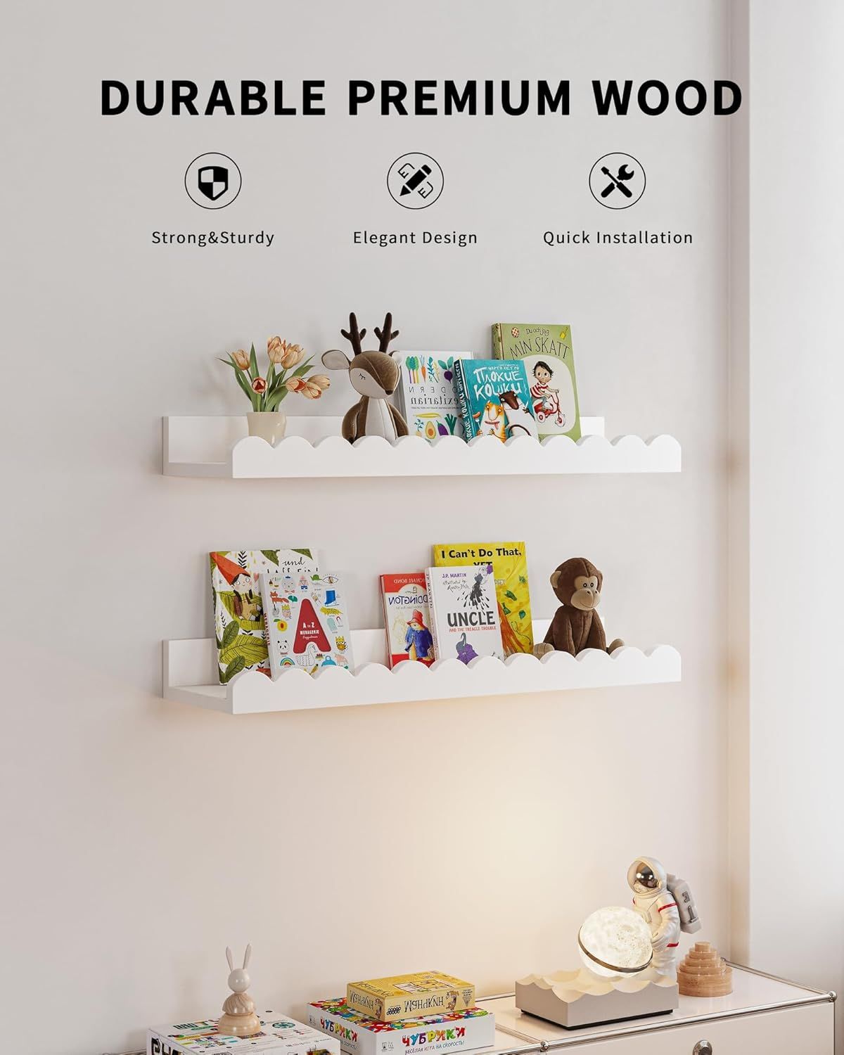 Kids Floating Bookshelves Set of 4, White Wooden Wall Mounted Book Shelves with Scalloped Edge for Nursery and Playroom