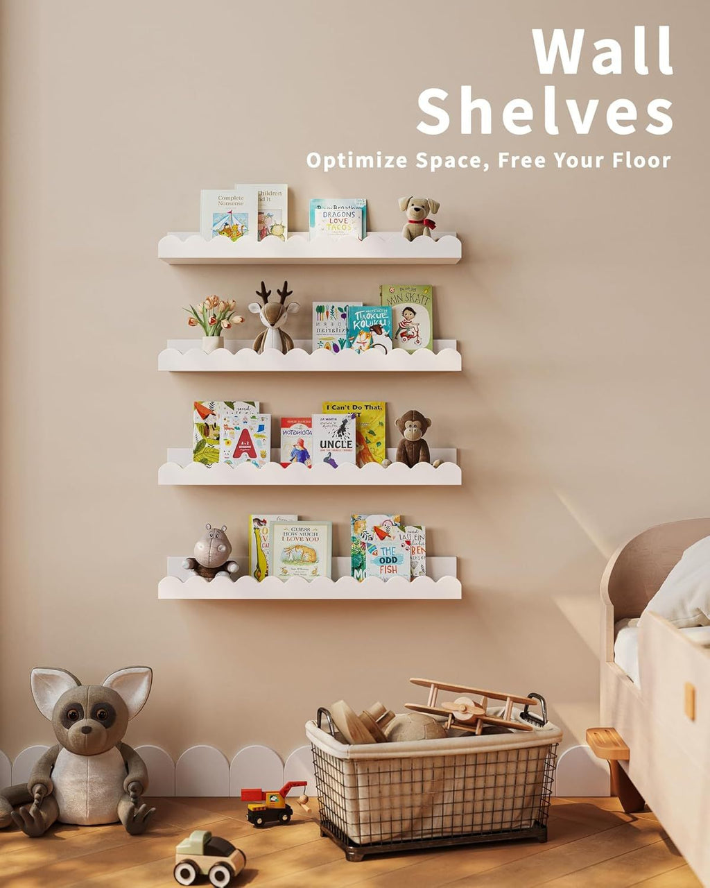 Kids Floating Bookshelves Set of 4, White Wooden Wall Mounted Book Shelves with Scalloped Edge for Nursery and Playroom