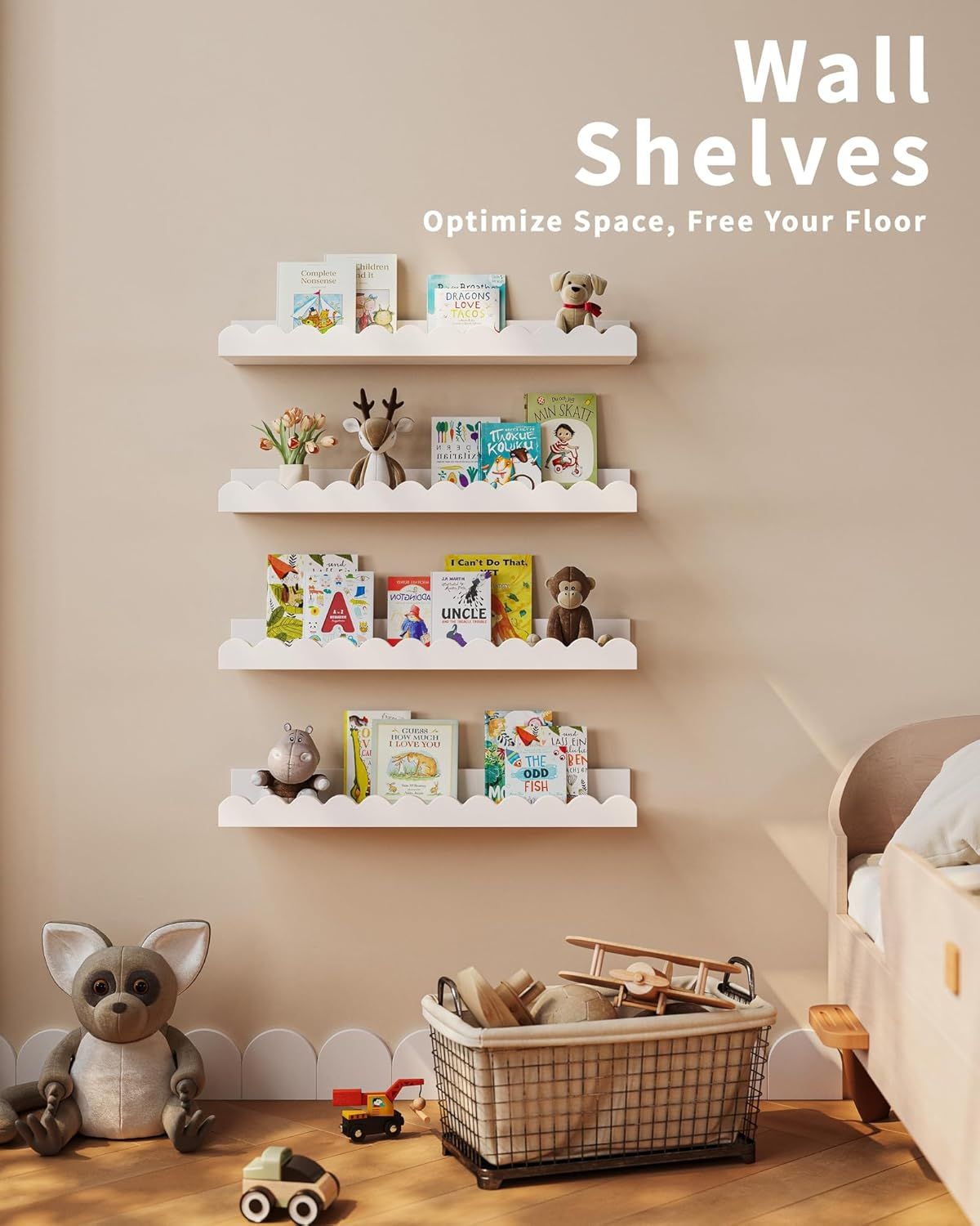 Kids Floating Bookshelves Set of 4, White Wooden Wall Mounted Book Shelves with Scalloped Edge for Nursery and Playroom
