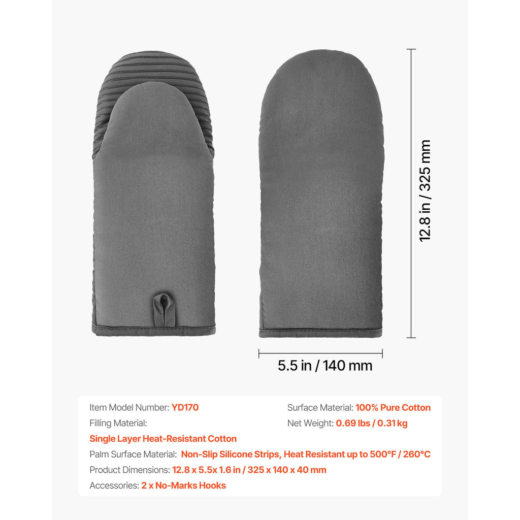 Oven Mitts, Mini Oven Mitt Set with Non-Slip Silicone Strips, Heat Resistant to 500°F, Cotton Baking Mitts 13.07x6.1" with 2 Hooks, 2 Piece