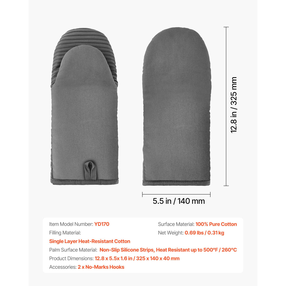 Oven Mitts, Mini Oven Mitt Set with Non-Slip Silicone Strips, Heat Resistant to 500°F, Cotton Baking Mitts 13.07x6.1" with 2 Hooks, 2 Piece