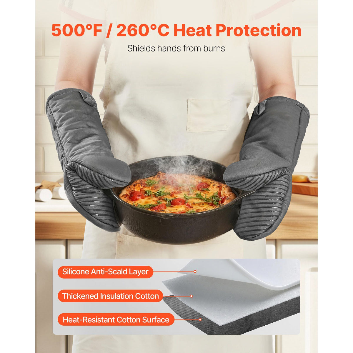 Oven Mitts, Mini Oven Mitt Set with Non-Slip Silicone Strips, Heat Resistant to 500°F, Cotton Baking Mitts 13.07x6.1" with 2 Hooks, 2 Piece