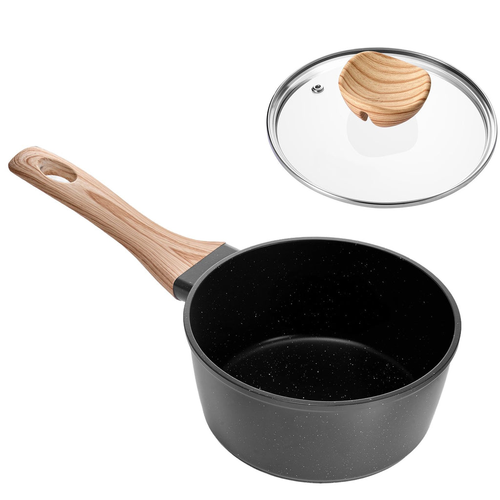1.5qt Nonstick Saucepan with Lid - Aluminum Alloy Granite Coated Pot, Induction Compatible, Black