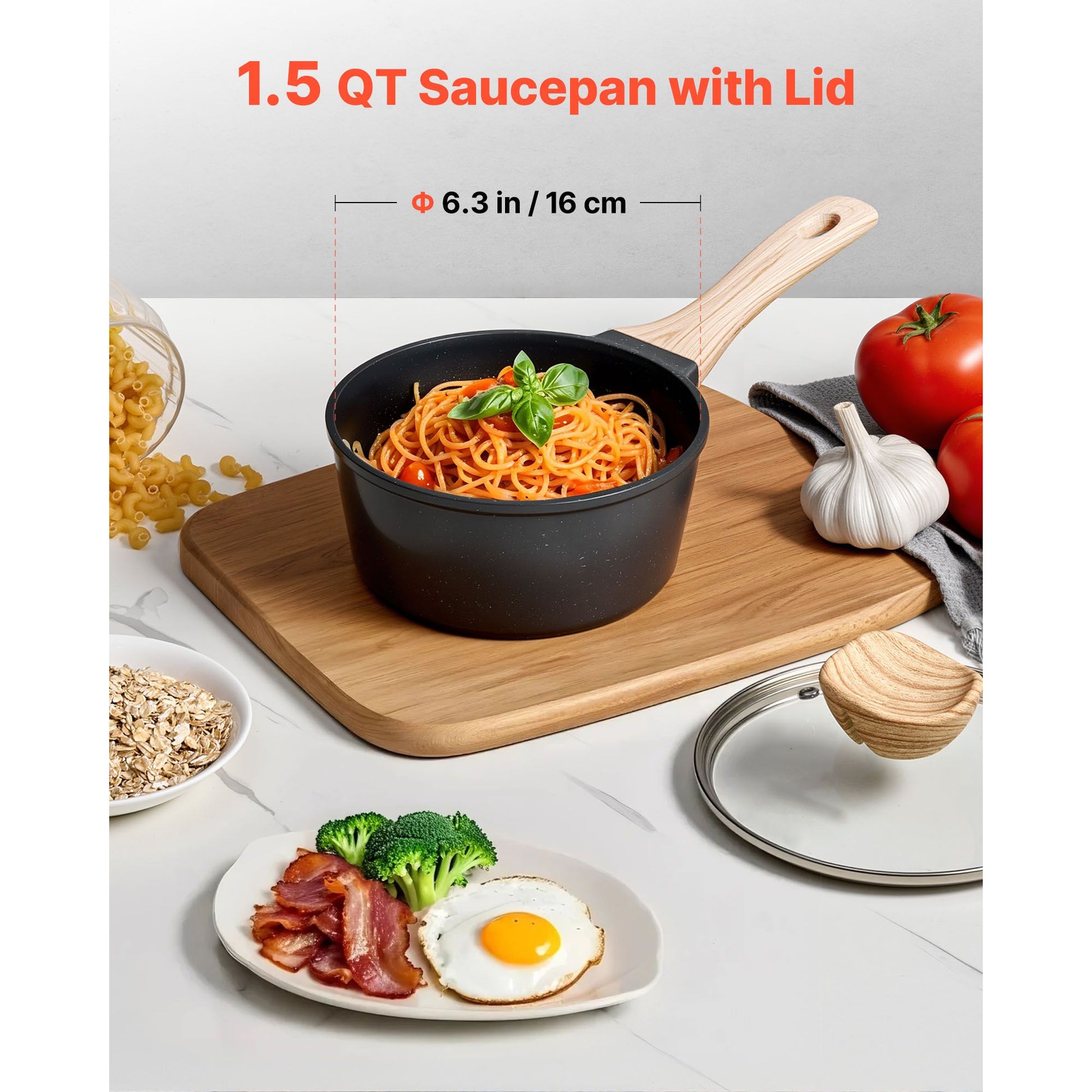 1.5qt Nonstick Saucepan with Lid - Aluminum Alloy Granite Coated Pot, Induction Compatible, Black