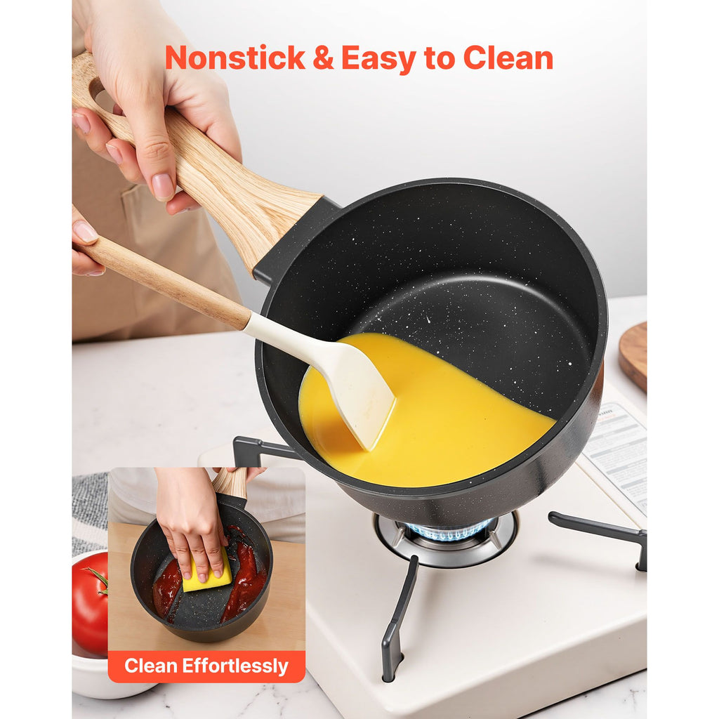1.5qt Nonstick Saucepan with Lid - Aluminum Alloy Granite Coated Pot, Induction Compatible, Black