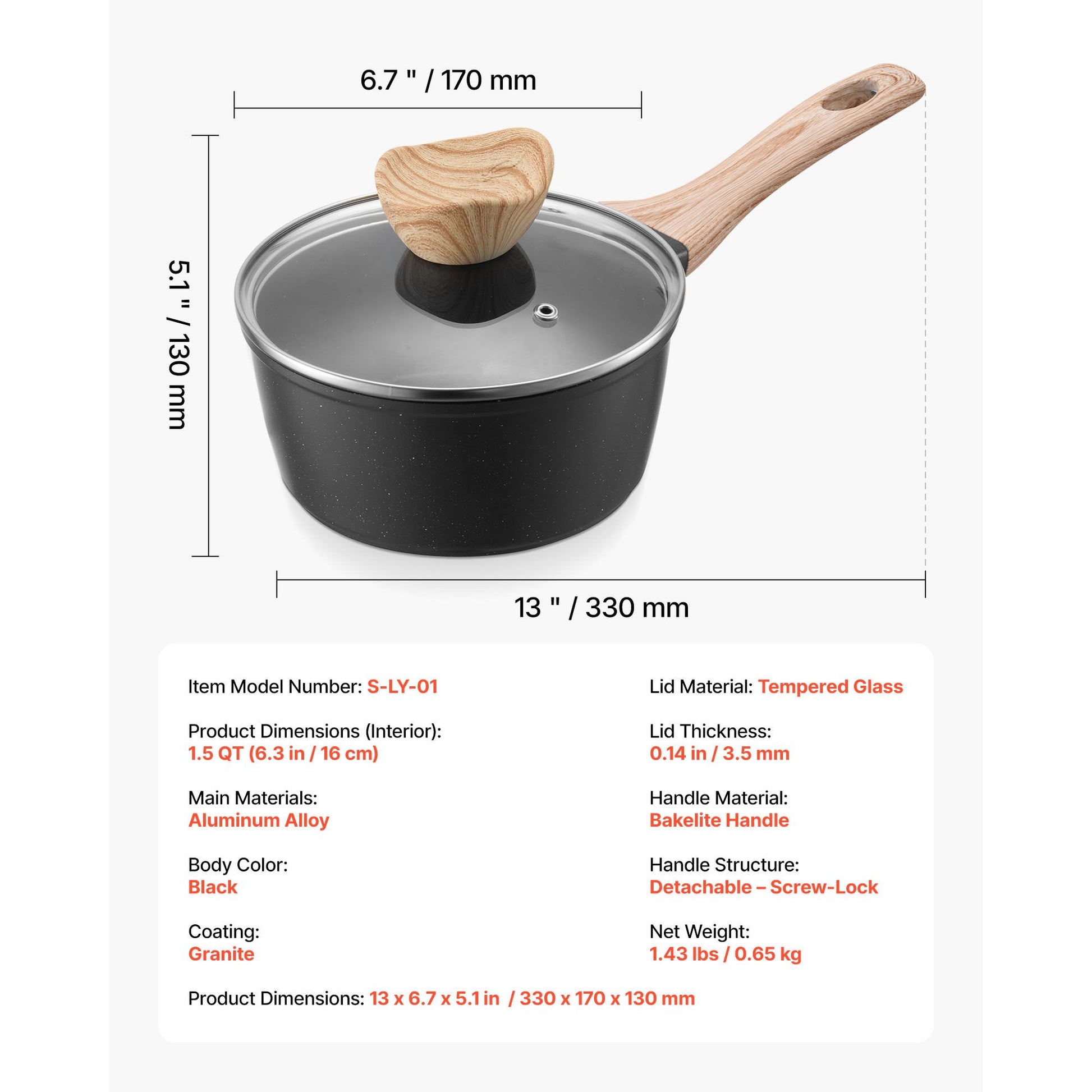 1.5qt Nonstick Saucepan with Lid - Aluminum Alloy Granite Coated Pot, Induction Compatible, Black