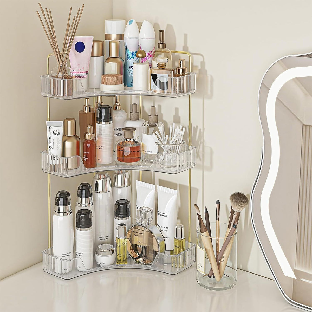 3-Tier Corner Bathroom Countertop Organizer, Clear Cosmetic & Perfume Storage Rack with Gold Metal Frame