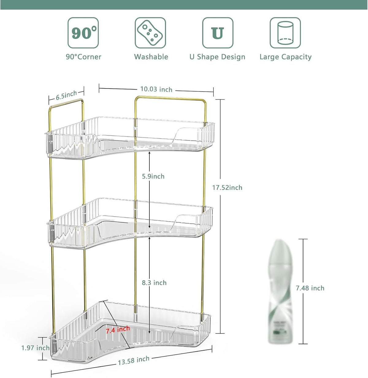3-Tier Corner Bathroom Countertop Organizer, Clear Cosmetic & Perfume Storage Rack with Gold Metal Frame
