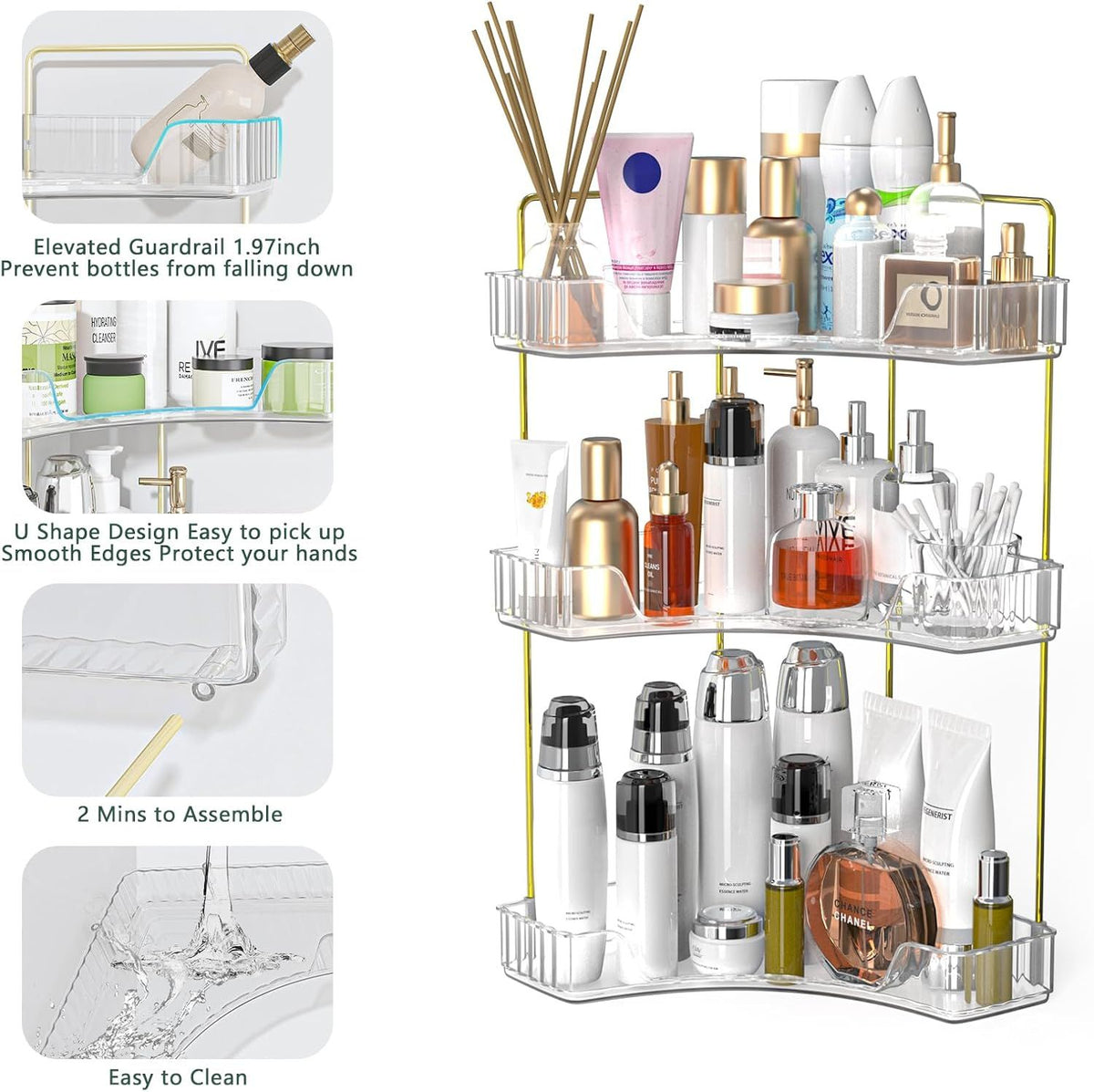 3-Tier Corner Bathroom Countertop Organizer, Clear Cosmetic & Perfume Storage Rack with Gold Metal Frame
