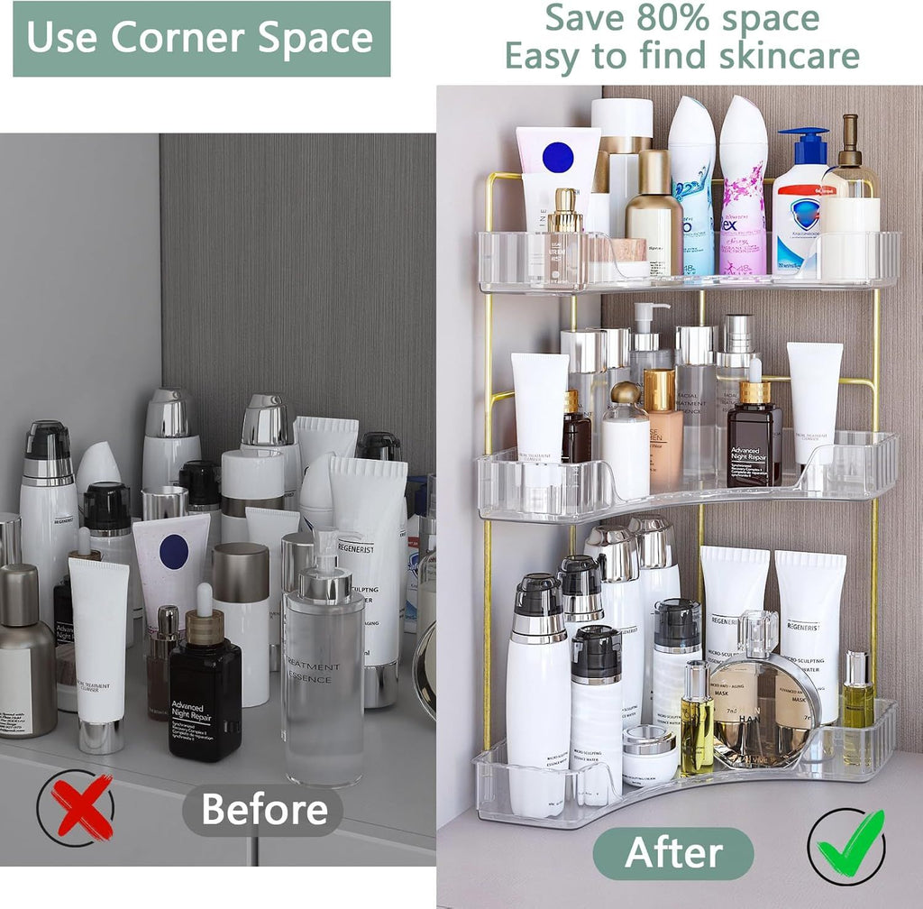 3-Tier Corner Bathroom Countertop Organizer, Clear Cosmetic & Perfume Storage Rack with Gold Metal Frame