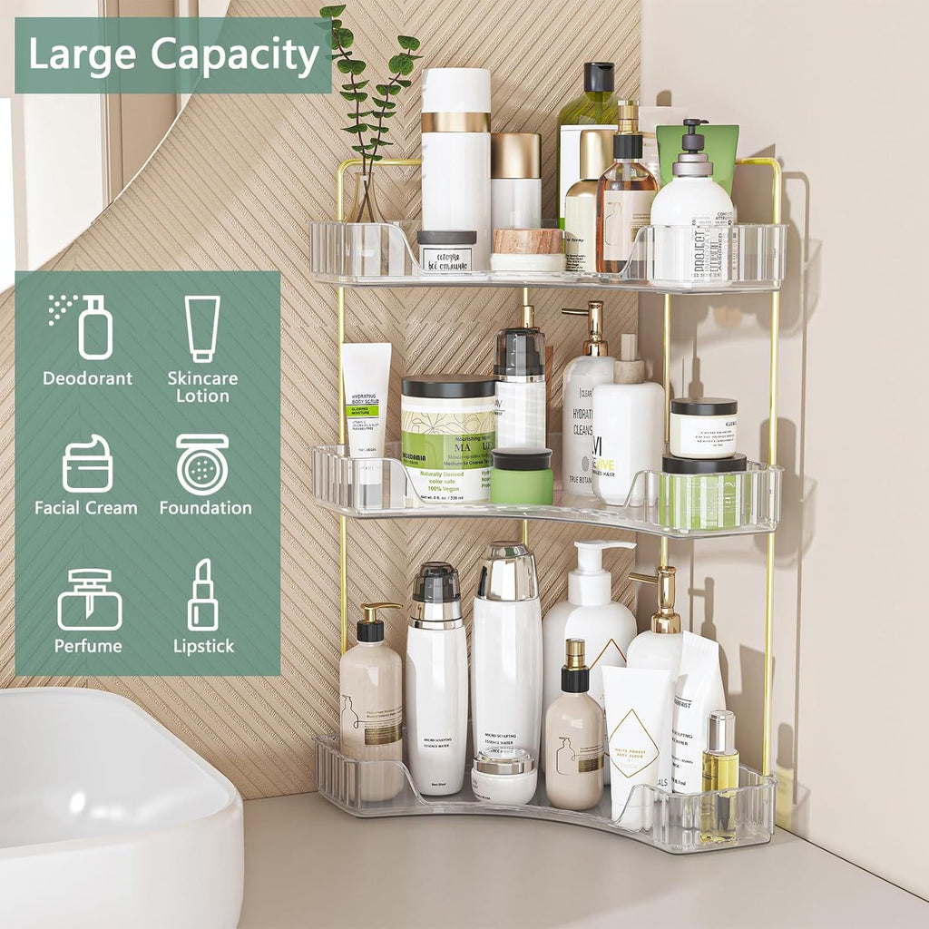 3-Tier Corner Bathroom Countertop Organizer, Clear Cosmetic & Perfume Storage Rack with Gold Metal Frame