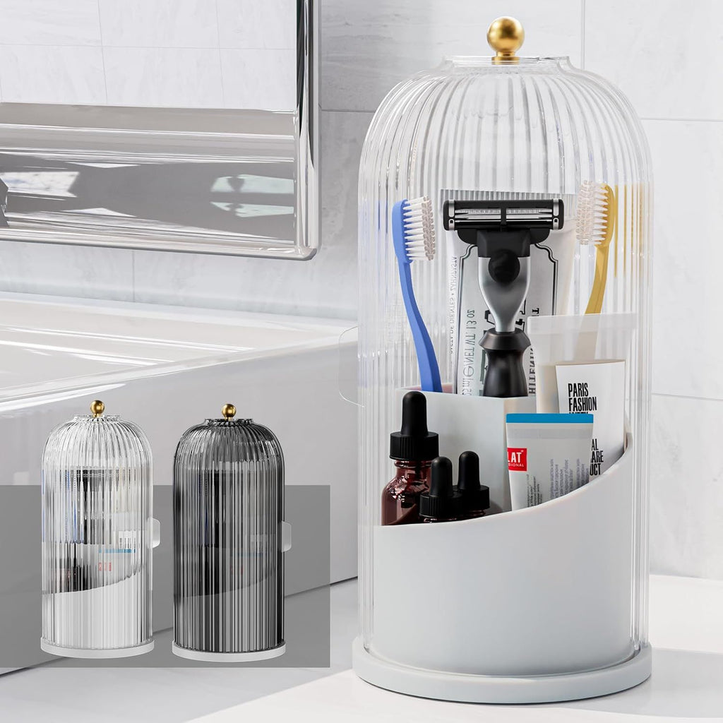 360° Rotating Bathroom Countertop Organizer with Dustproof Lid | 3-Compartment Clear Striped Vanity Holder for Makeup Brushes, Toothbrushes & Skincare