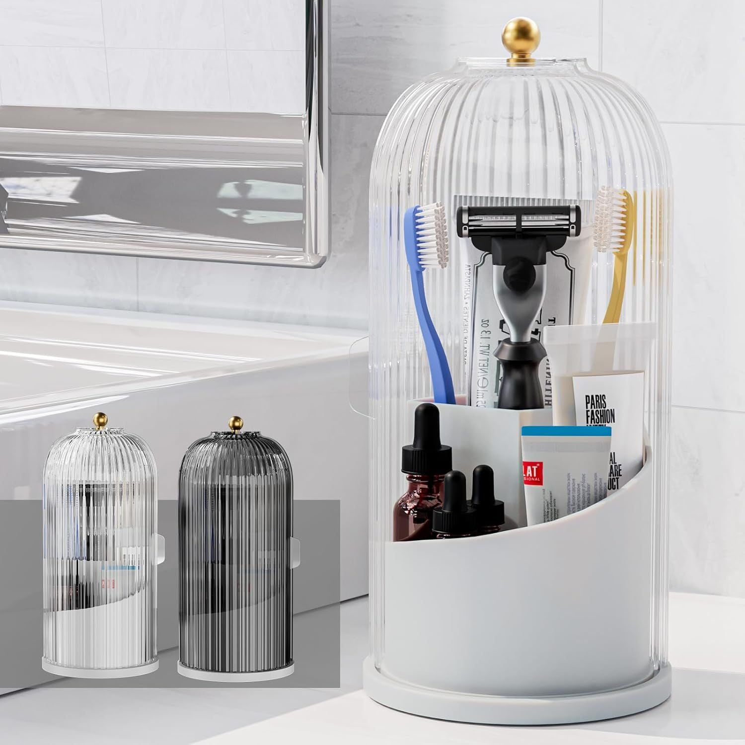 360° Rotating Bathroom Countertop Organizer with Dustproof Lid | 3-Compartment Clear Striped Vanity Holder for Makeup Brushes, Toothbrushes & Skincare