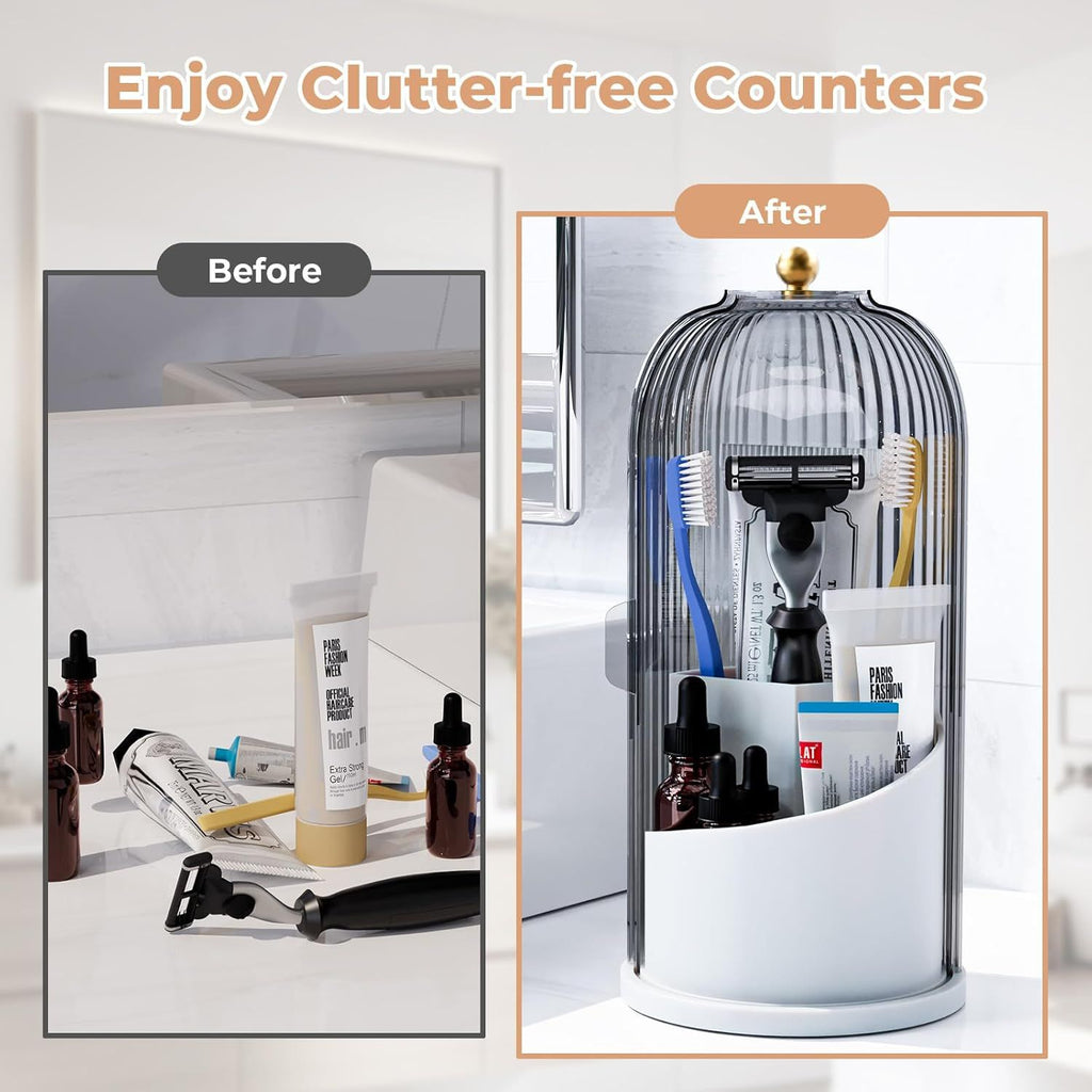 360° Rotating Bathroom Countertop Organizer with Dustproof Lid | 3-Compartment Clear Striped Vanity Holder for Makeup Brushes, Toothbrushes & Skincare