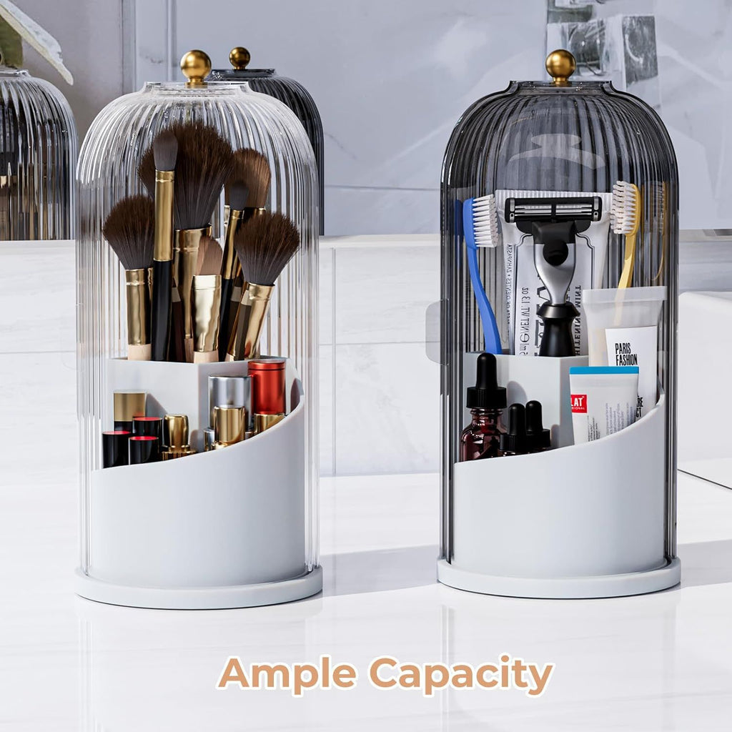 360° Rotating Bathroom Countertop Organizer with Dustproof Lid | 3-Compartment Clear Striped Vanity Holder for Makeup Brushes, Toothbrushes & Skincare
