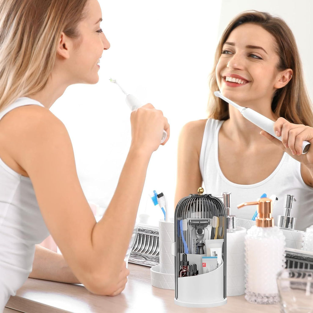 360° Rotating Bathroom Countertop Organizer with Dustproof Lid | 3-Compartment Clear Striped Vanity Holder for Makeup Brushes, Toothbrushes & Skincare
