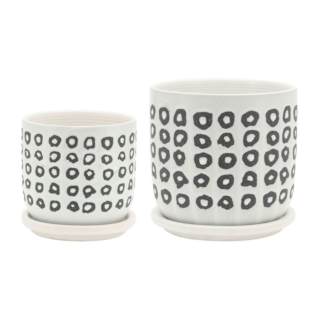 5"/6" Black & White Geometric Ceramic Planters with Saucers, Set of 2, Christmas Plant Decor