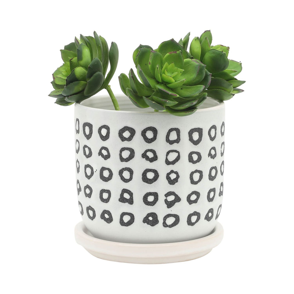 5"/6" Black & White Geometric Ceramic Planters with Saucers, Set of 2, Christmas Plant Decor