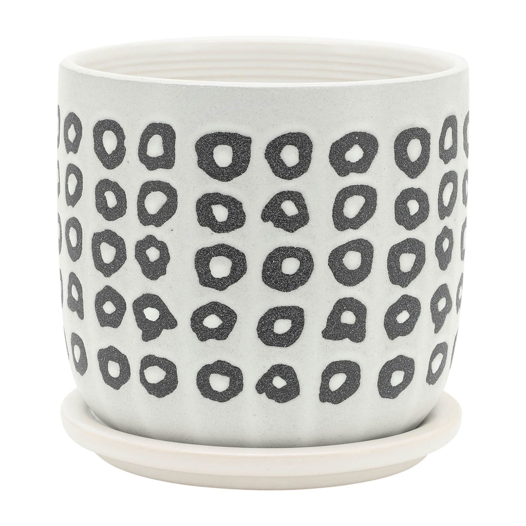 5"/6" Black & White Geometric Ceramic Planters with Saucers, Set of 2, Christmas Plant Decor