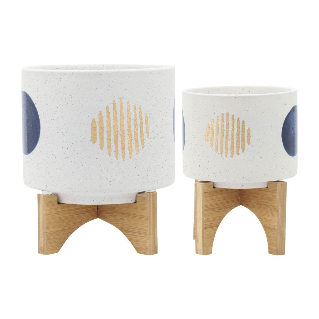 2pc White Ceramic Planter Set with Stands, 5" & 7.75" Indoor Outdoor Plant Pots