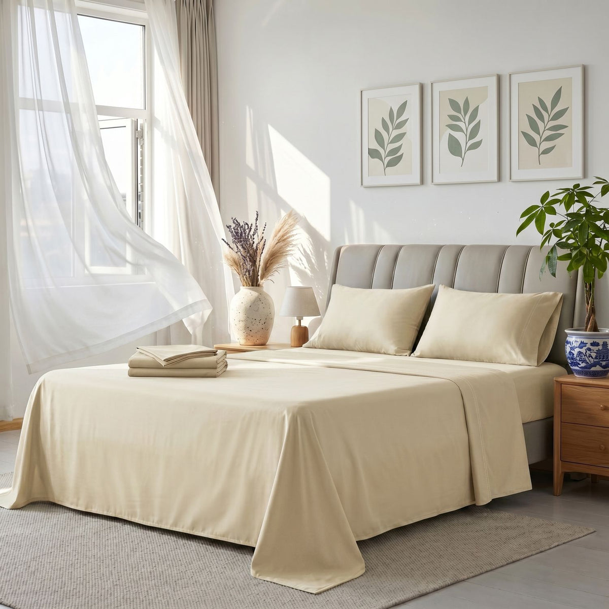 AEELLEEA 4-Piece Queen TENCEL Lyocell Sheet Set, 320 Thread Count, Deep Pocket, OEKO-TEX Certified, Cream