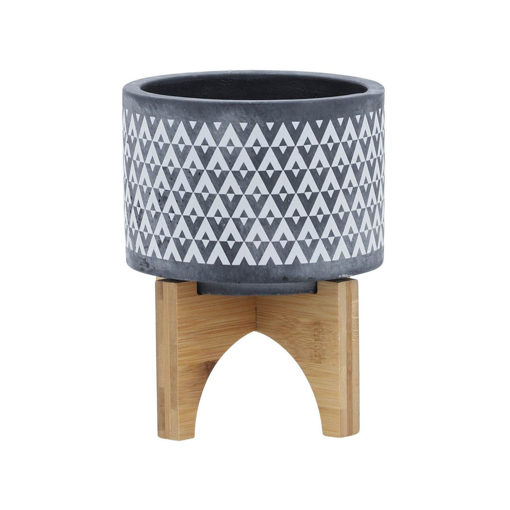 5" Gray Ceramic Geometric Planter with Wooden Stand, Indoor Outdoor Plant Pot
