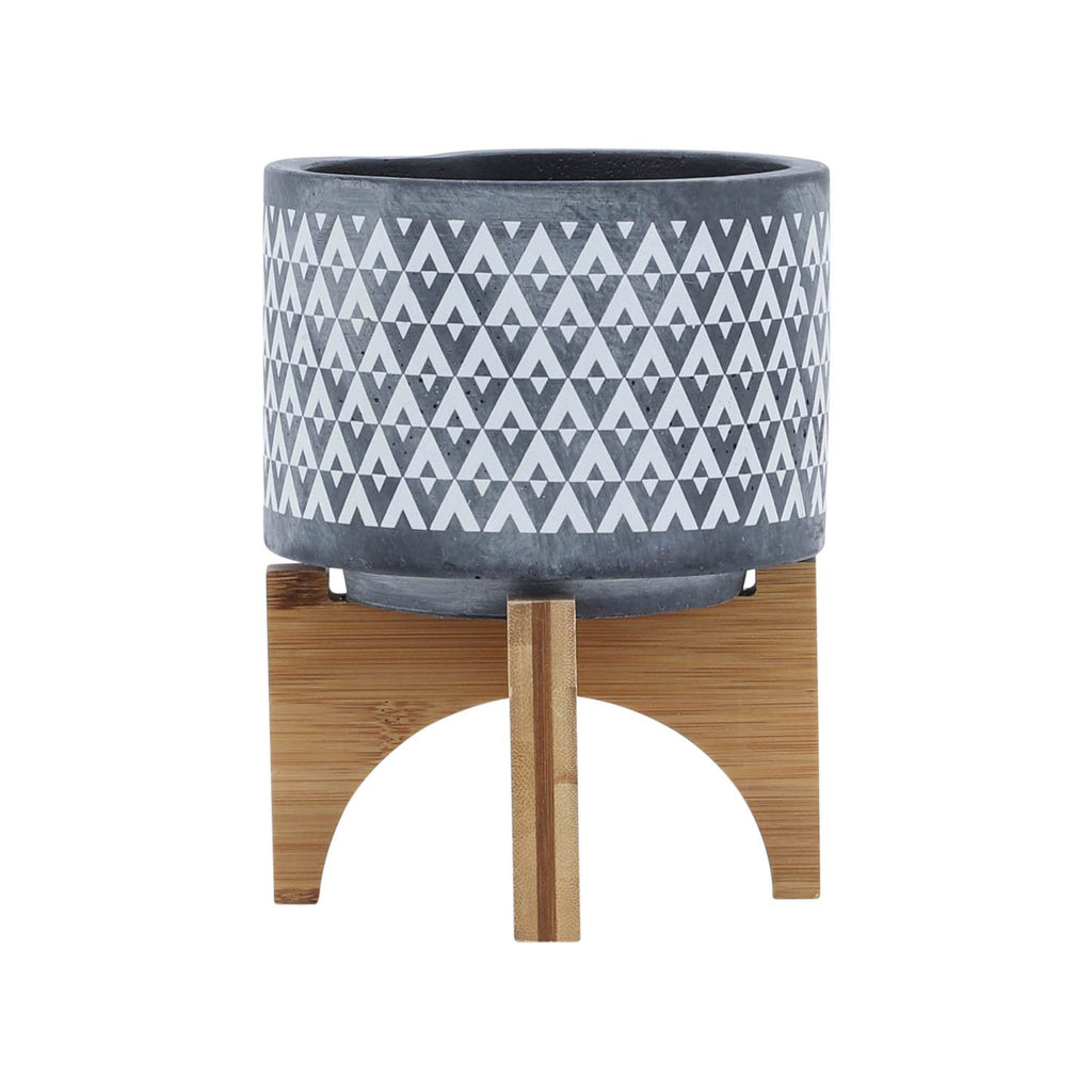 5" Gray Ceramic Geometric Planter with Wooden Stand, Indoor Outdoor Plant Pot