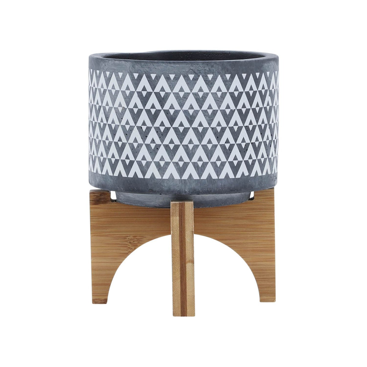 5" Gray Ceramic Geometric Planter with Wooden Stand, Indoor Outdoor Plant Pot