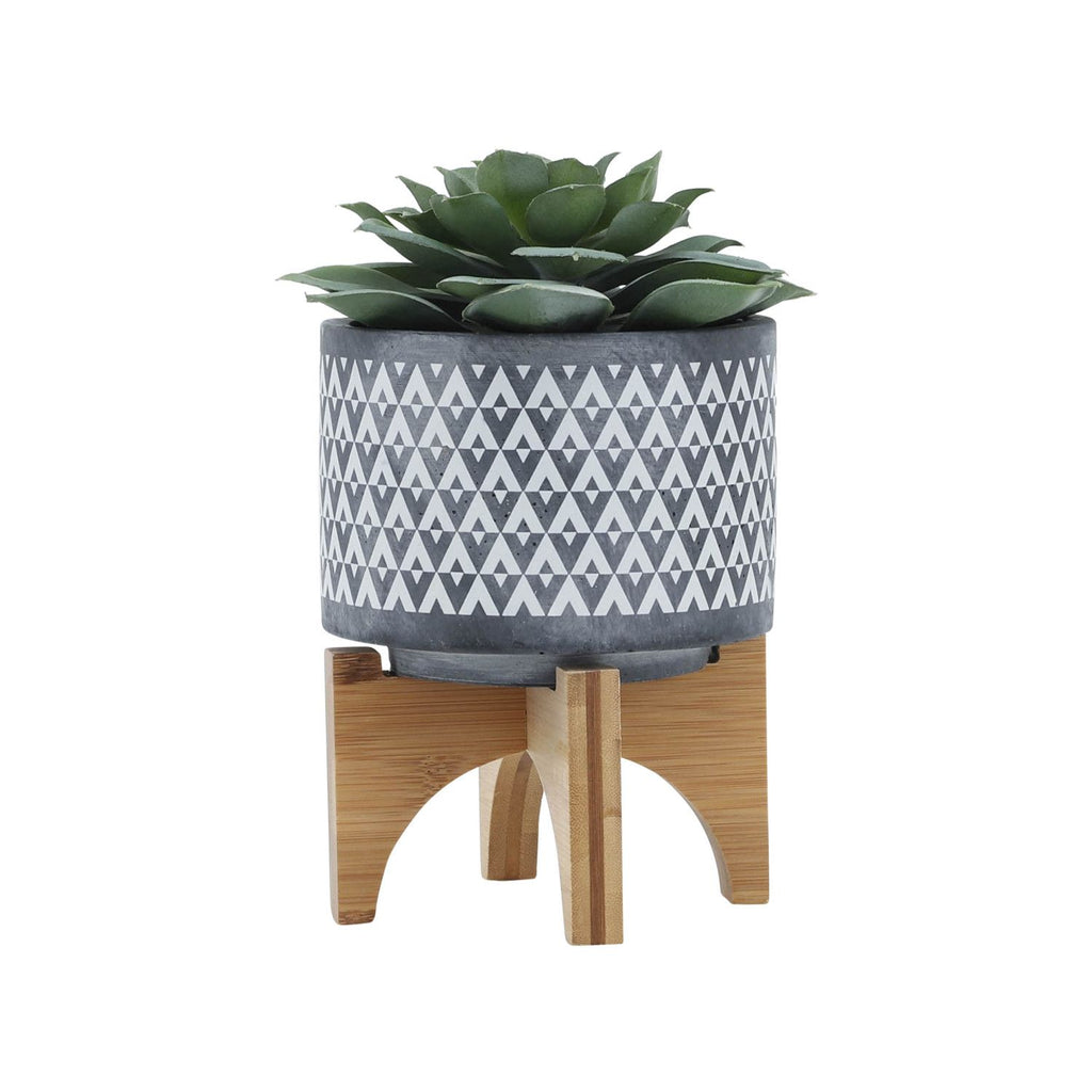 5" Gray Ceramic Geometric Planter with Wooden Stand, Indoor Outdoor Plant Pot