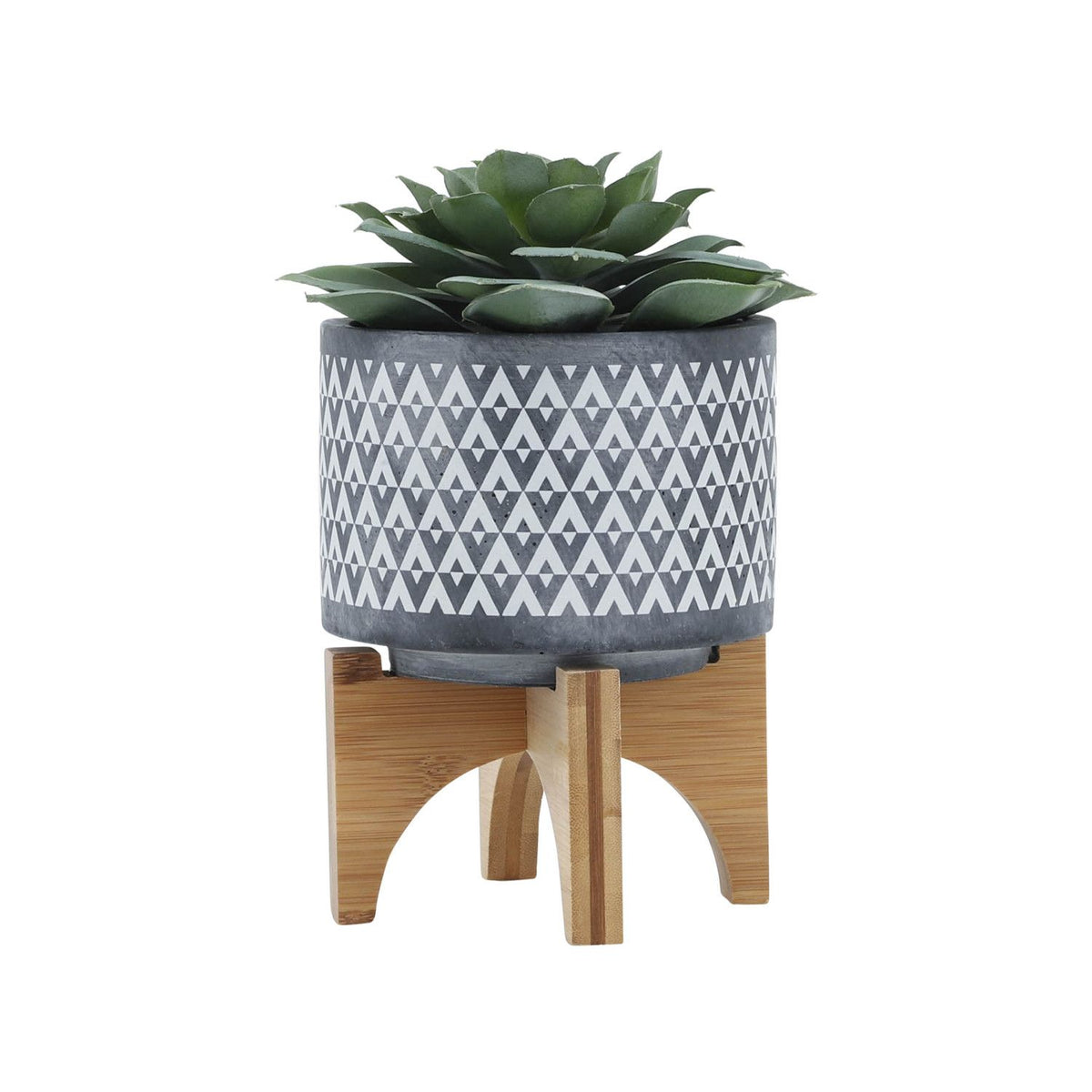 5" Gray Ceramic Geometric Planter with Wooden Stand, Indoor Outdoor Plant Pot