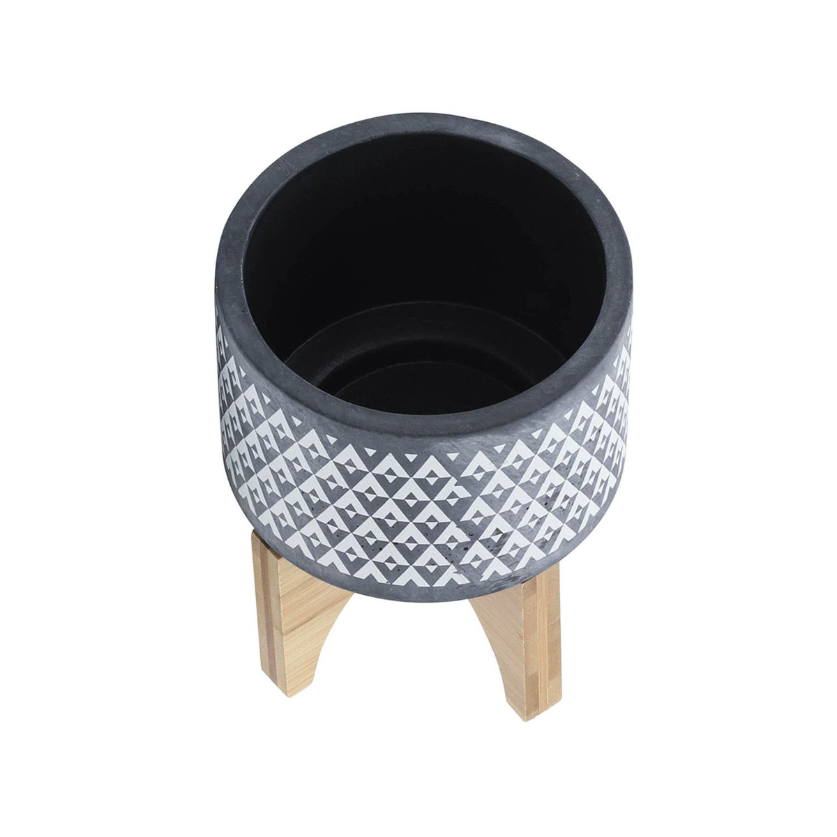 5" Gray Ceramic Geometric Planter with Wooden Stand, Indoor Outdoor Plant Pot