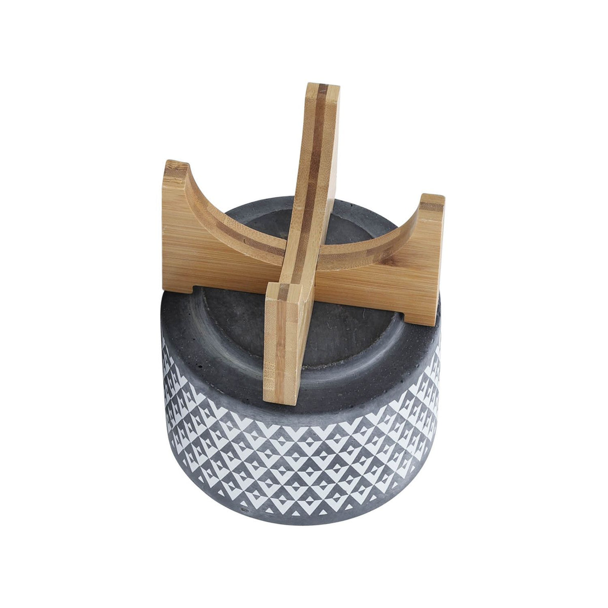 5" Gray Ceramic Geometric Planter with Wooden Stand, Indoor Outdoor Plant Pot