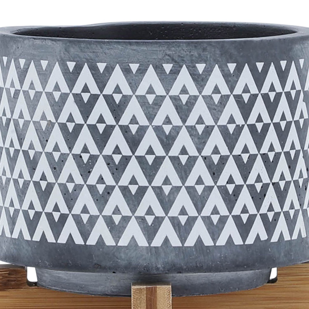 5" Gray Ceramic Geometric Planter with Wooden Stand, Indoor Outdoor Plant Pot