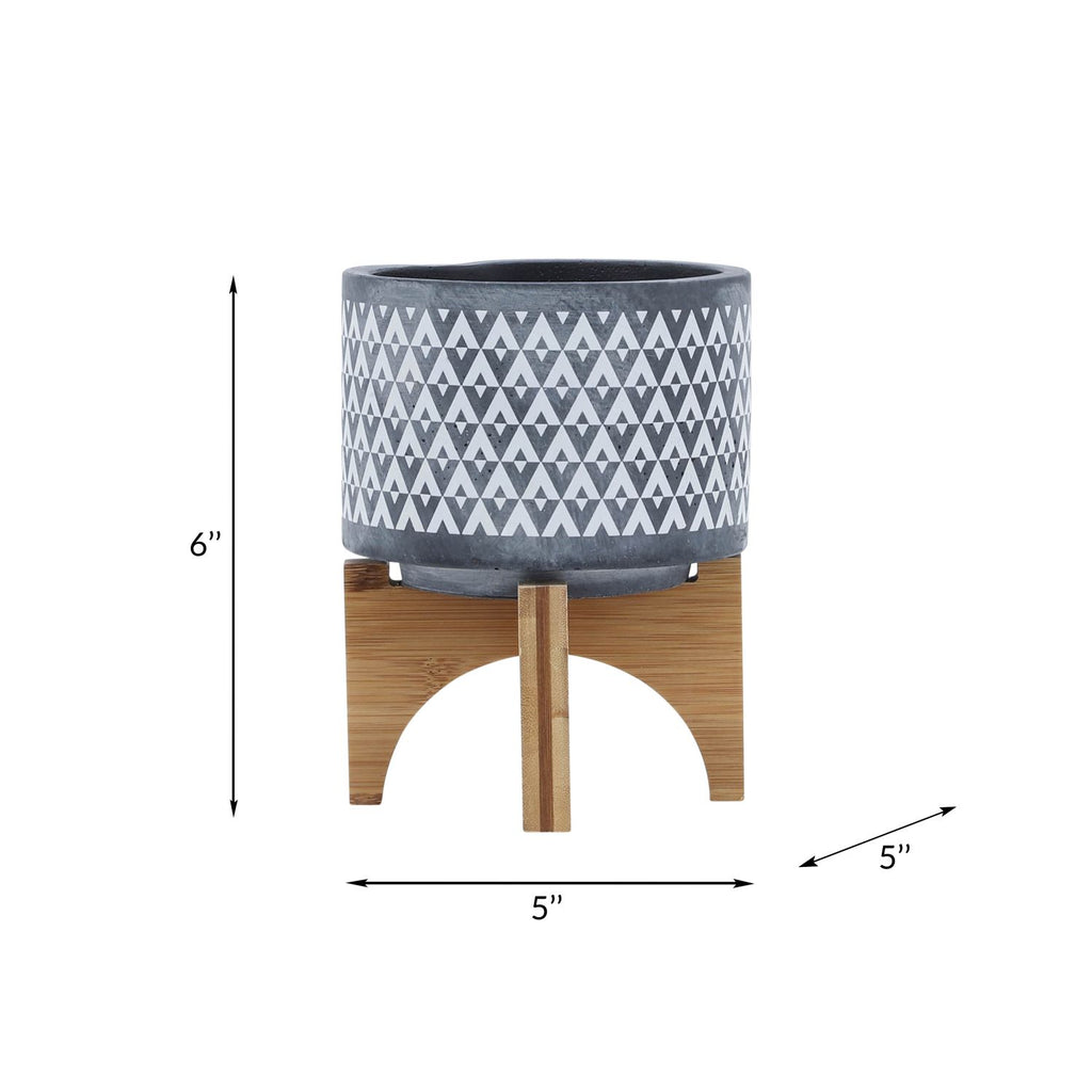 5" Gray Ceramic Geometric Planter with Wooden Stand, Indoor Outdoor Plant Pot