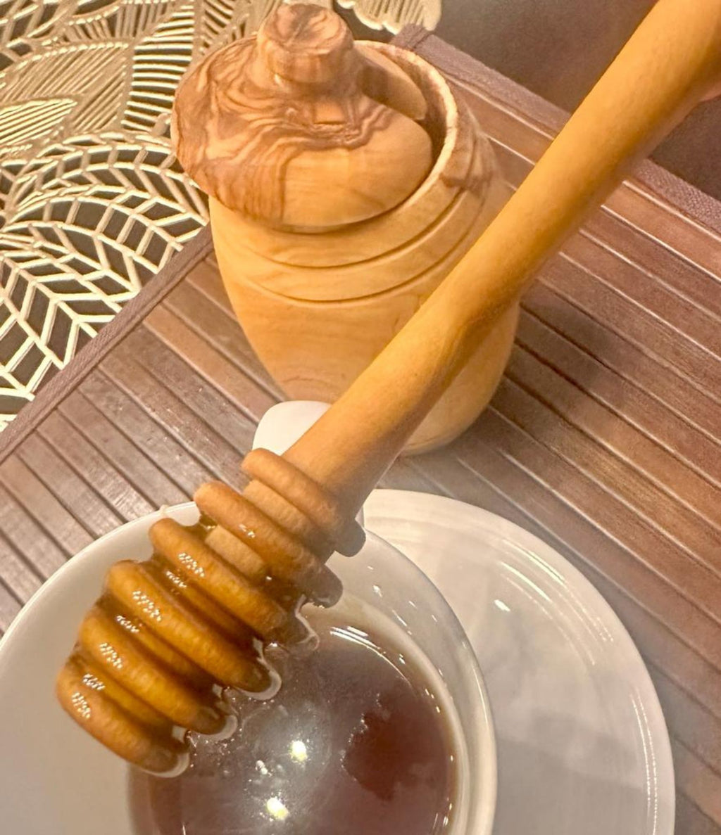 6" Natural Olive Wood Honey Dipper – Handcrafted Wooden Honey Spoon for Tea, Coffee & Syrup