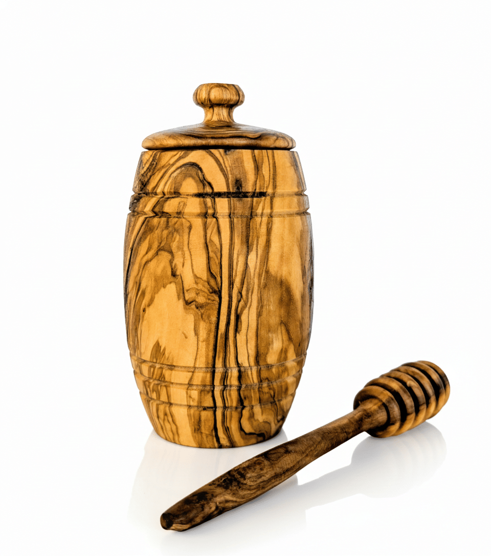 Olive Wood Honey Pot with Dipper, Handcrafted Wooden Honey Jar with Lid, Natural Grain Kitchen Serving Container