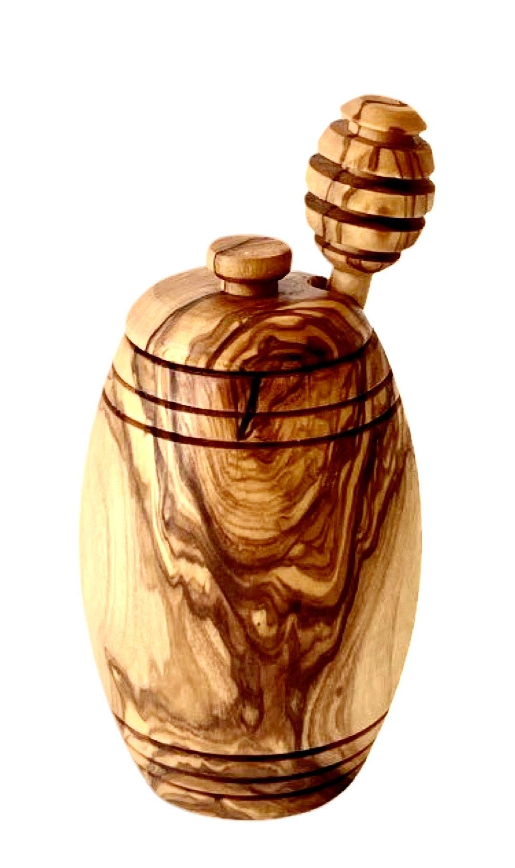 Olive Wood Honey Pot with Dipper, Handcrafted Wooden Honey Jar with Lid, Natural Grain Kitchen Serving Container
