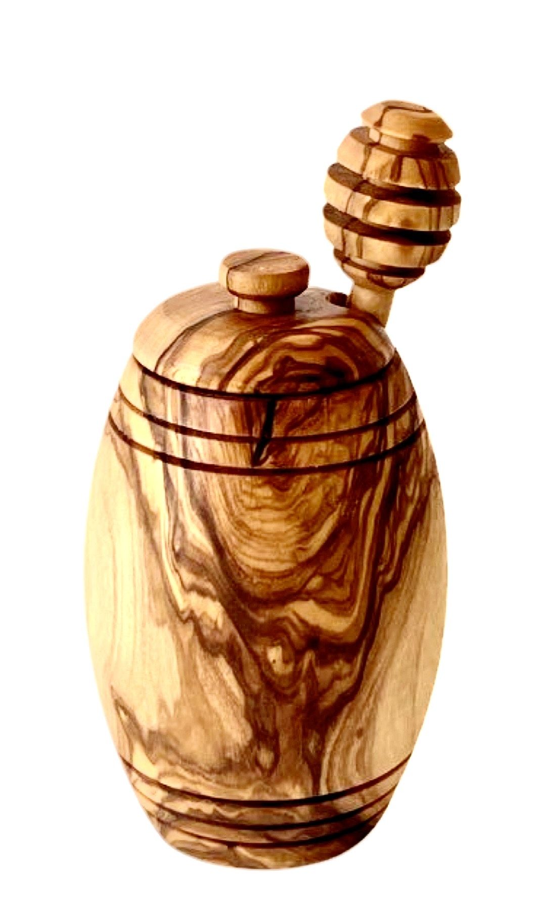 Olive Wood Honey Pot with Dipper, Handcrafted Wooden Honey Jar with Lid, Natural Grain Kitchen Serving Container