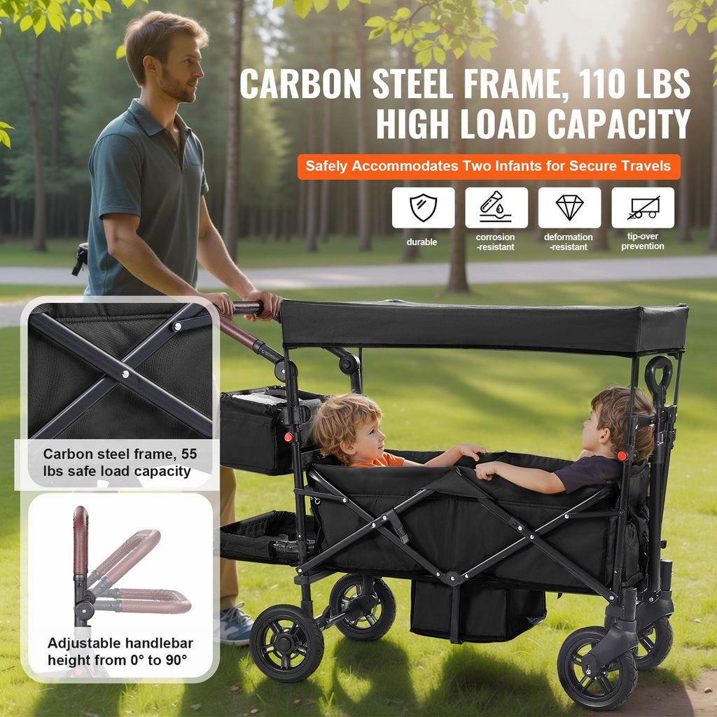 AEELLEEA 2-Kid Collapsible Wagon Stroller with Removable Canopy, Adjustable Push/Pull Handle & Brakes, Black
